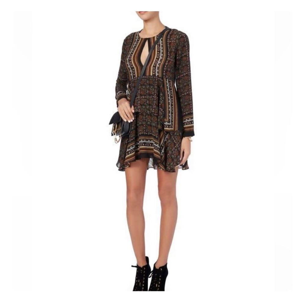 Bohemian Black & Brown Printed Tie-Waist Mini Dress